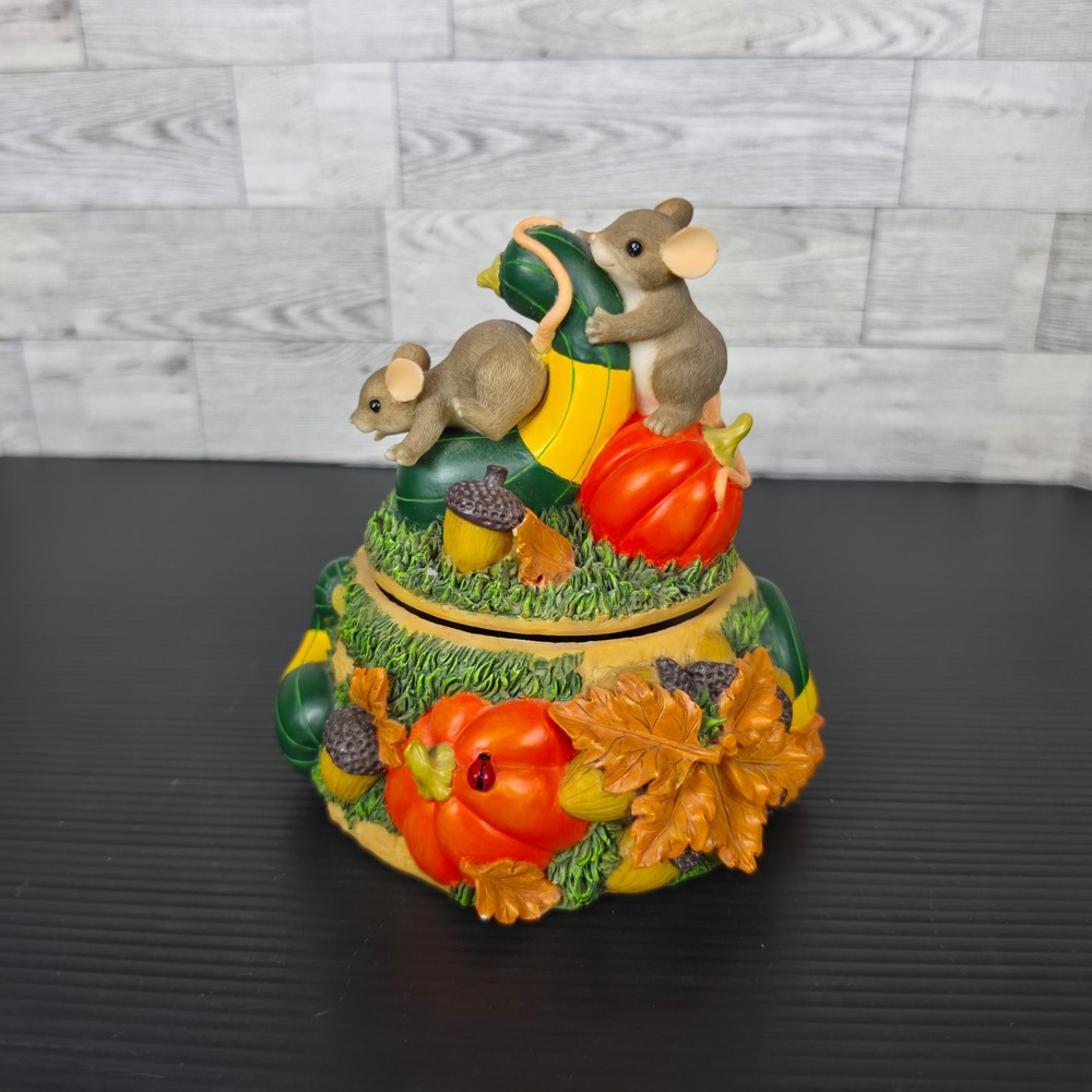 Vintage Harvest Mice Pumpkin Gourd Trinket Box Autumn Resin Figurine Decor Testd